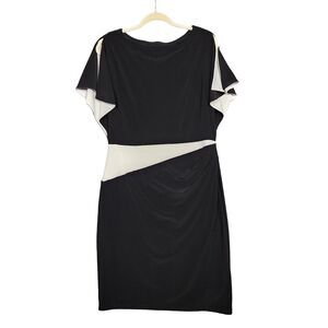 LRL RALPH LAUREN Black White Split Sleeve Asymmetric Stretch Knit Dress SIZE 14